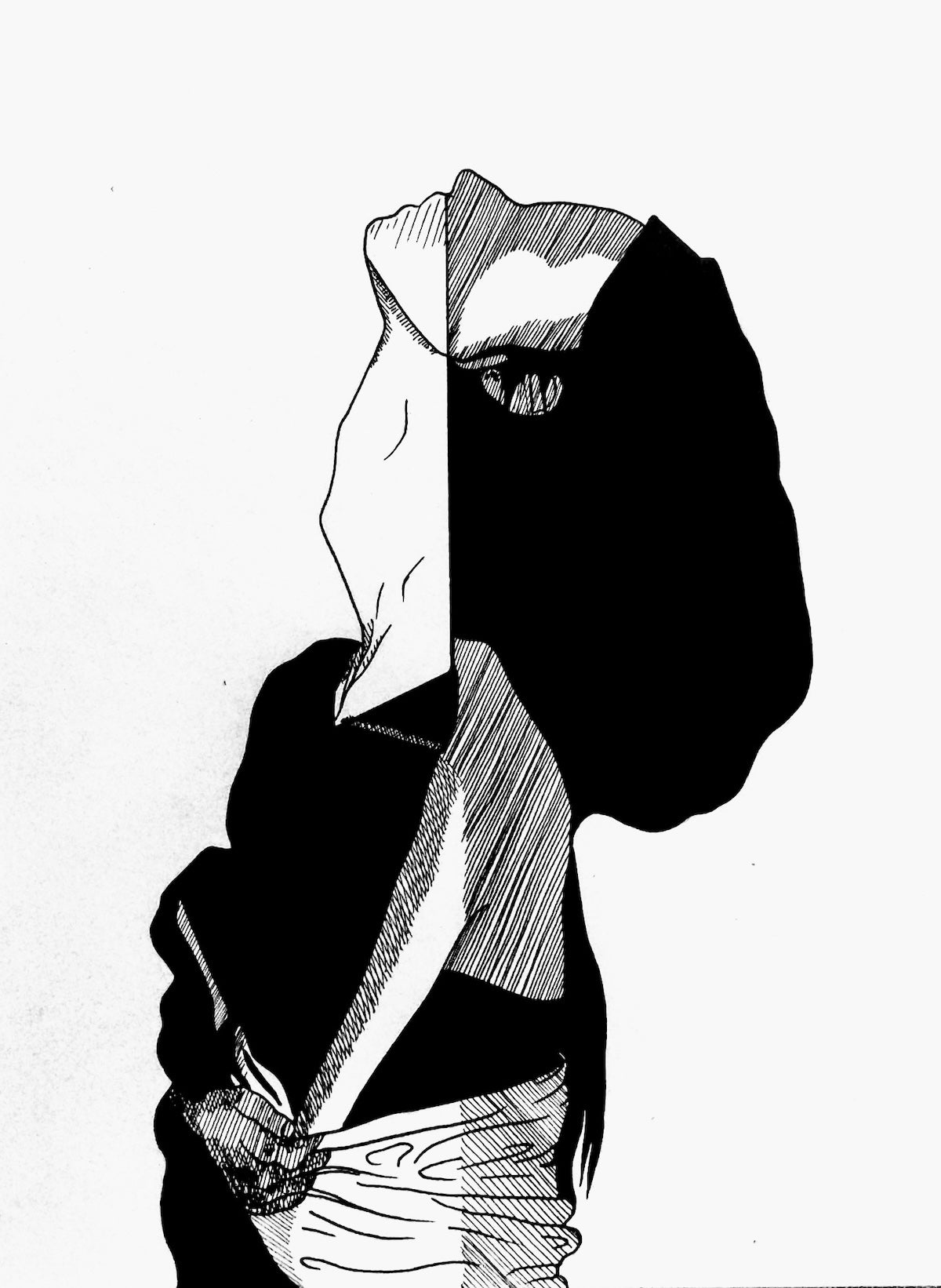 Black and white abstract art of a person with geometric patterns