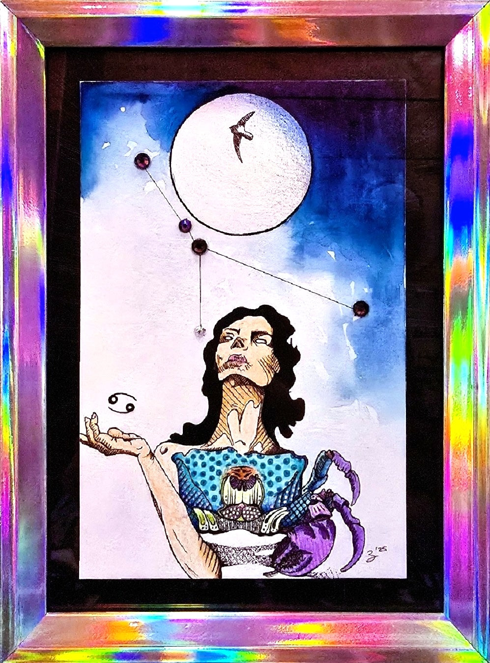 A framed art print featuring a stylized illustration of a woman holding a purple crab under a full moon and constellation sky, surrounded by a holographic iridescent frame.