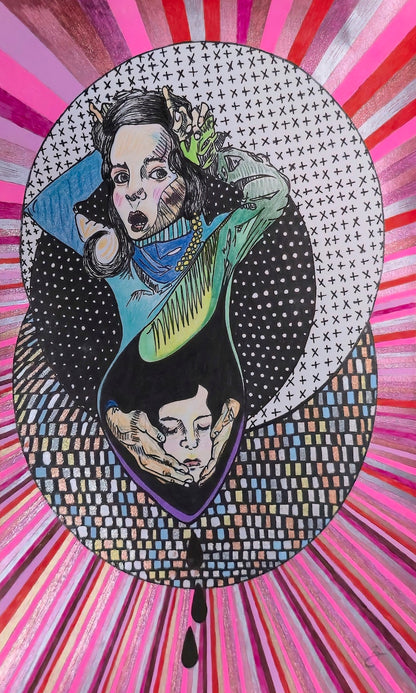 A stylized pop-art illustration featuring a woman in a black polka-dot dress with a blue scarf and green flower in her hair, set against a pink and red sunburst background with a black dotted oval frame.