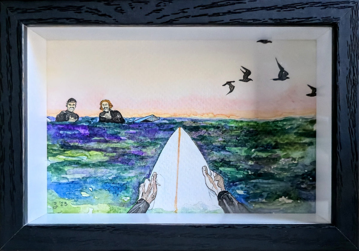 Artistic POV of a surfer sitting on their board hands out in front, people watching from the water, and birds flying above.