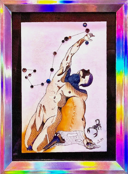 A framed art print featuring a stylized illustration of a nude male figure with a beard, set against a light background with celestial and scorpion motifs. The artwork is housed in a thick, iridescent holographic frame that reflects a spectrum of colors.