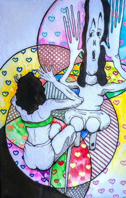 Colorful illustration of a woman and her reflection with abstract patterns and hearts