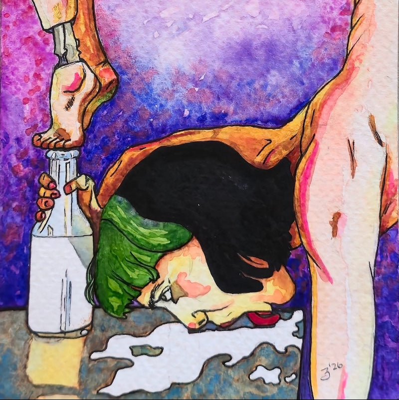 Close up of "Yes Daddy, No More Spilled Milk" painting.
