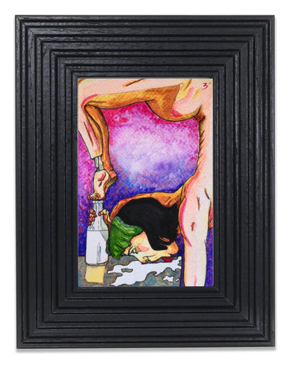 Framed surreal art print featuring a stylized figure with exposed skeletal arms and legs, holding a bottle, set against a purple and pink background, enclosed in a thick black frame.
