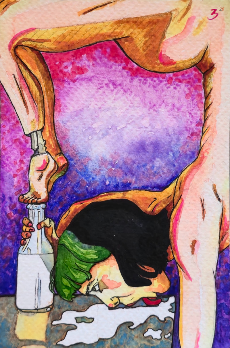 Artistic depiction of a foot with a bottle and a person inside, against a colorful background.