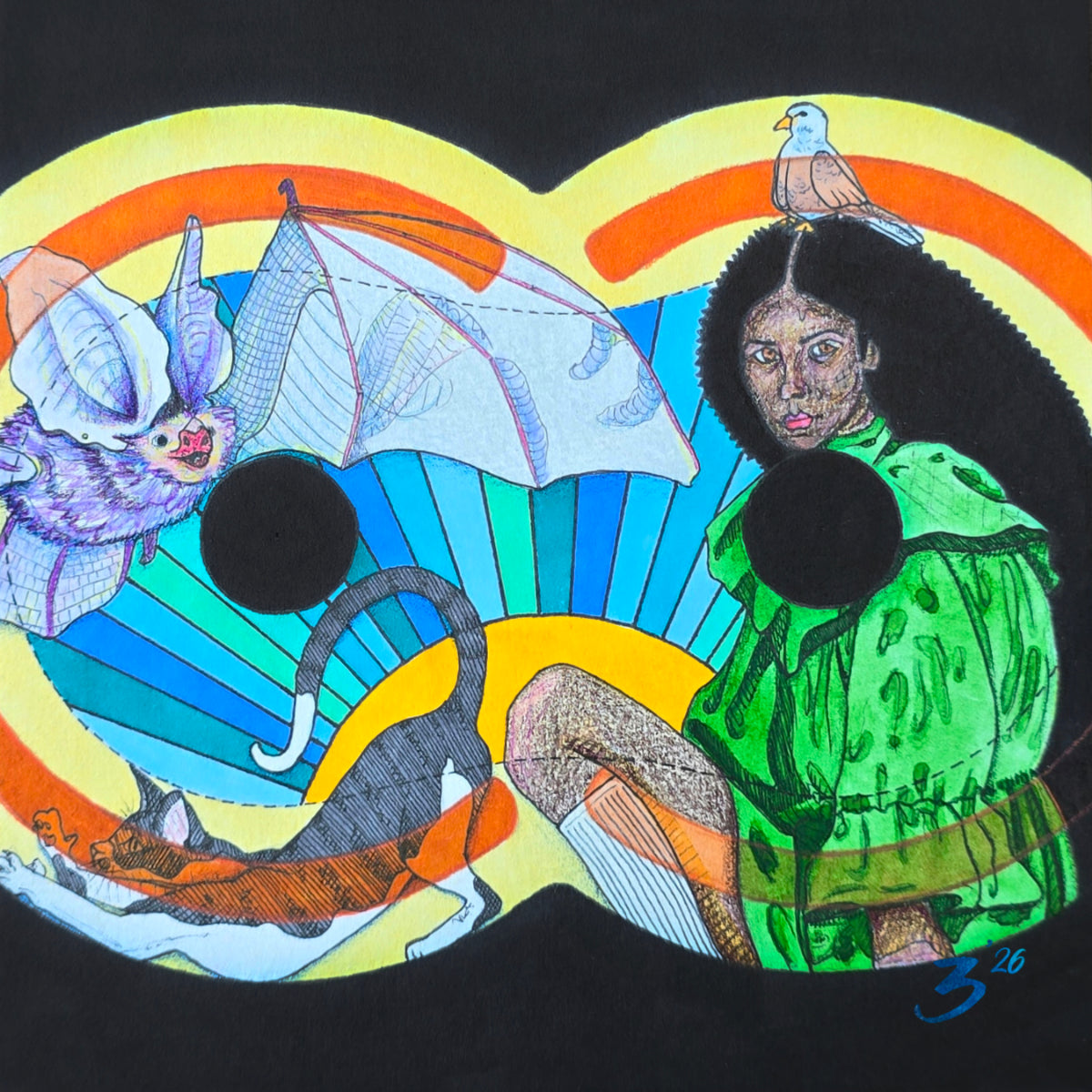 A colorful surreal illustration on a black background, featuring a seated person in a green coat, a bird on the head, a bat-like creature with wings, a cat, and abstract rainbow shapes.