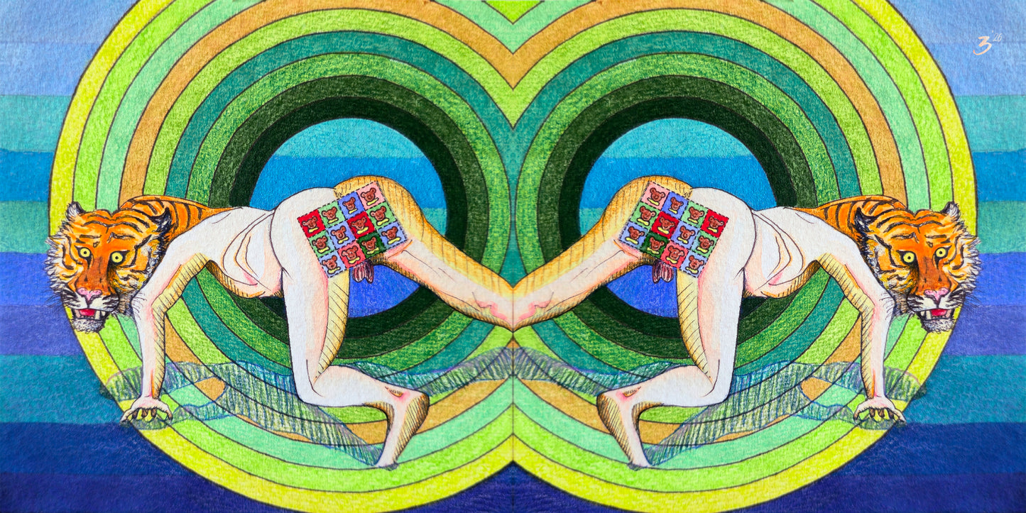 A surreal artwork showing two mirrored figures bent forward between concentric green and yellow rings, with orange tigers at both ends. The figures are nude except for colorful patterned wraps, set against a blue striped background.