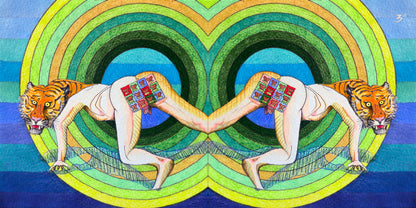 A surreal artwork showing two mirrored figures bent forward between concentric green and yellow rings, with orange tigers at both ends. The figures are nude except for colorful patterned wraps, set against a blue striped background.