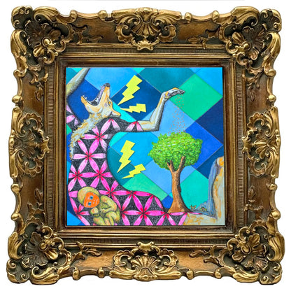 A framed surreal painting featuring a tree, lightning bolts, geometric shapes, and a seated figure, enclosed in an ornate gold frame against a white background.