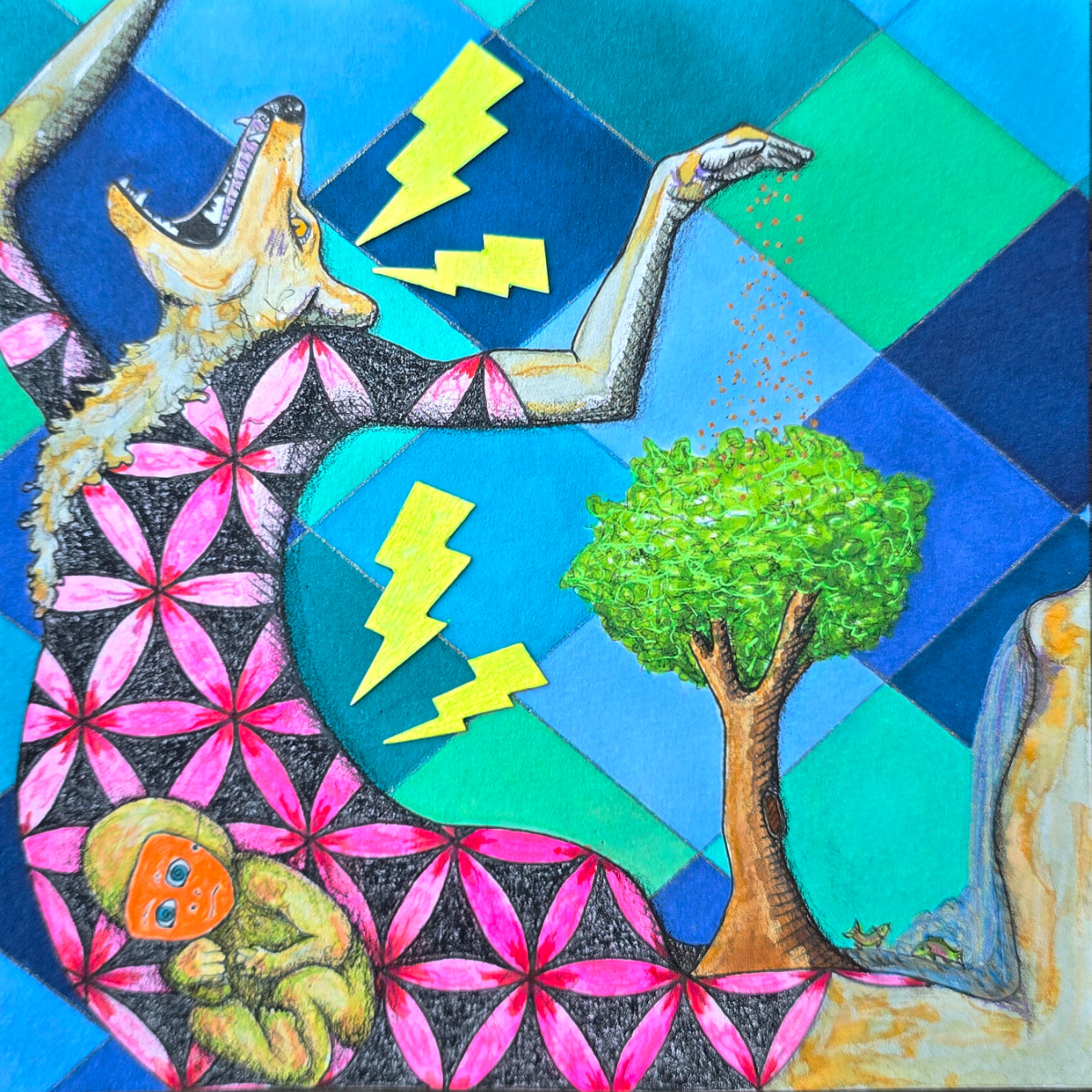 A colorful surreal artwork showing a wolf-like figure with raised arms, yellow lightning bolts, a green tree, pink geometric floral motifs, and a small orange-faced figure on a blue and green patterned background.