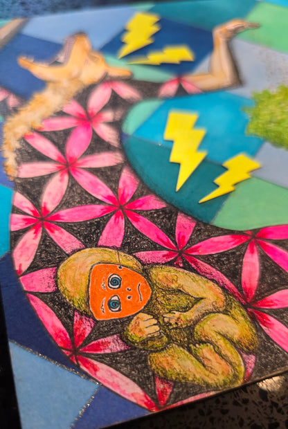 A close-up of a colorful mixed-media artwork depicting a crouched figure in an orange mask with a yellow-green body, surrounded by pink flower shapes and yellow lightning bolts on a blue and green background.