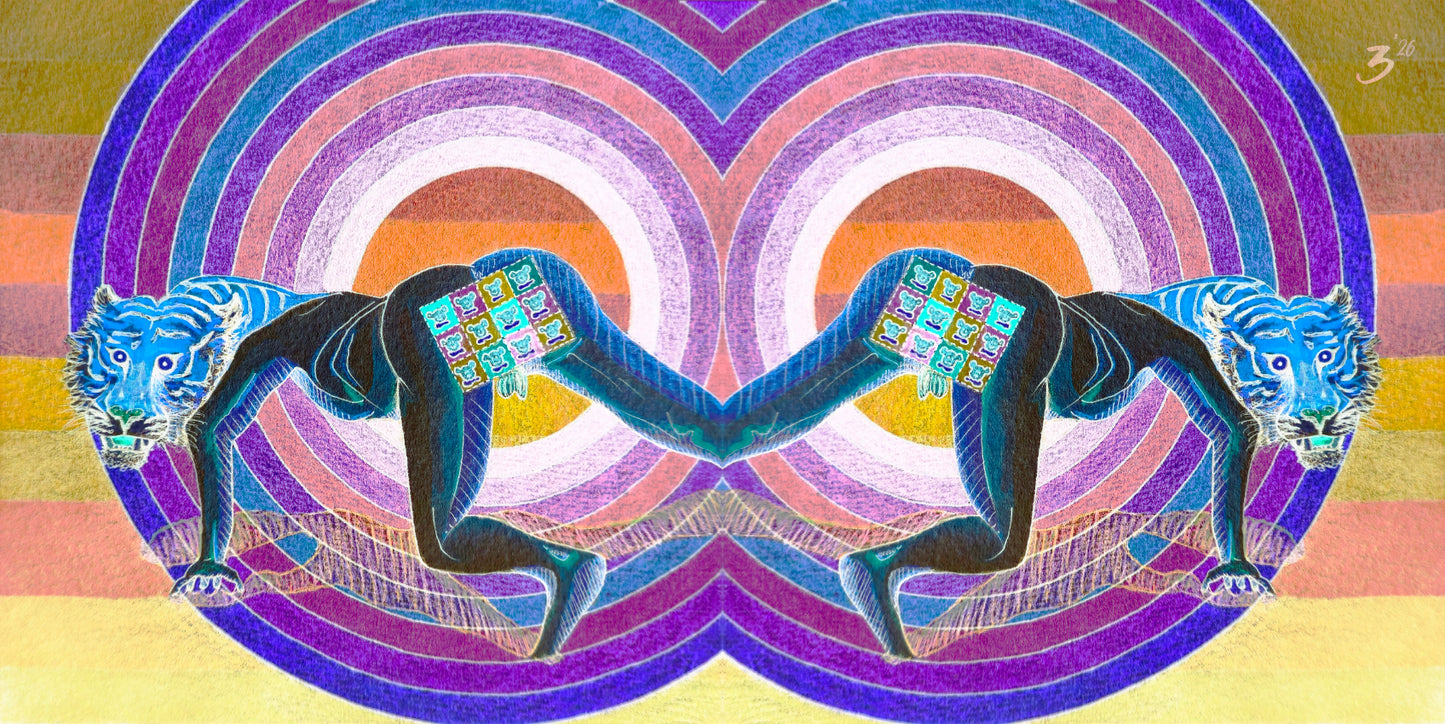 A colorful psychedelic art print featuring two mirrored blue-and-white tiger-like figures with black bodies, set against concentric rainbow-colored circular rings on a striped pastel background.