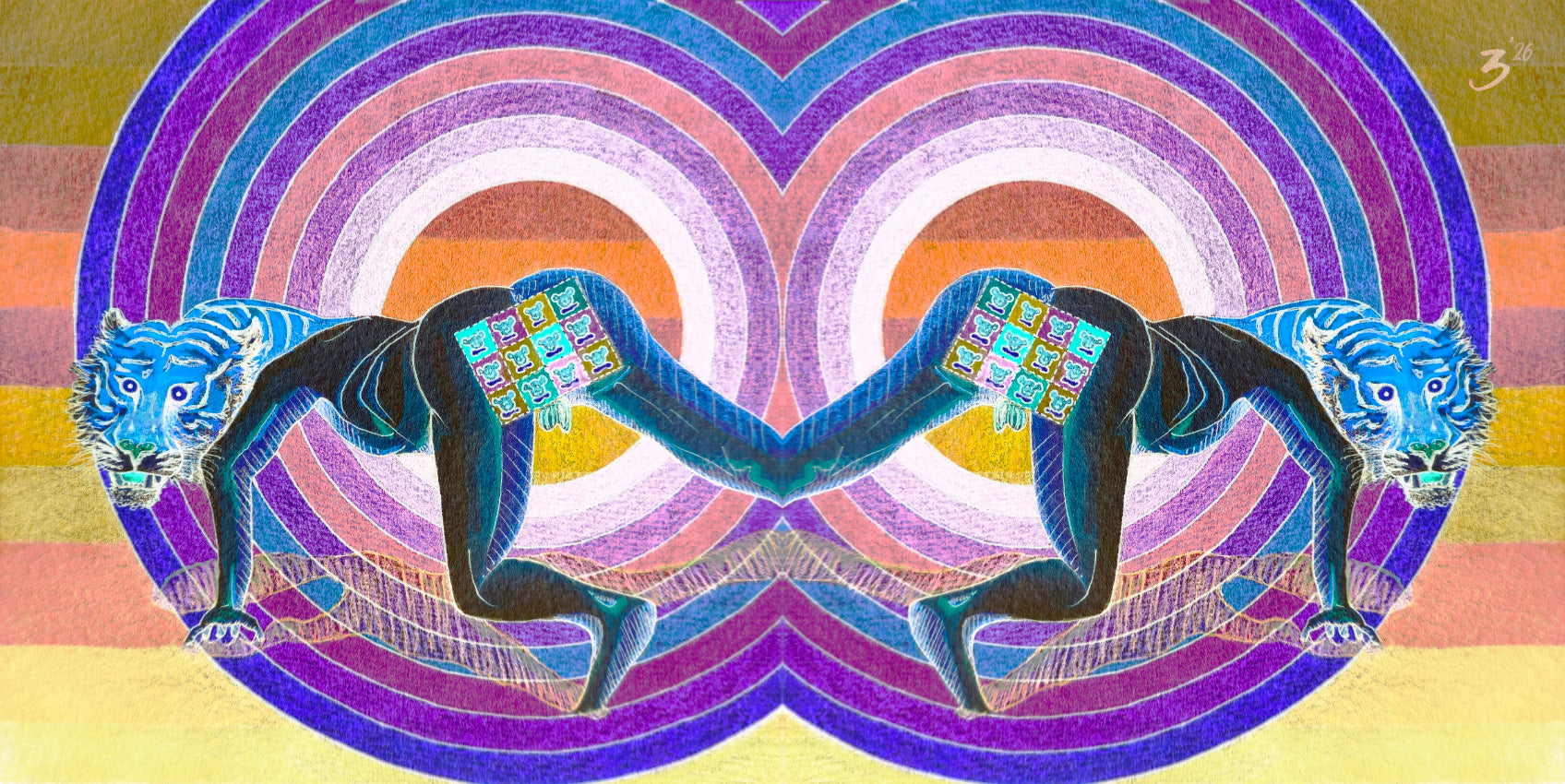 A colorful psychedelic art print featuring two mirrored blue-and-white tiger-like figures with black bodies, set against concentric rainbow-colored circular rings on a striped pastel background.