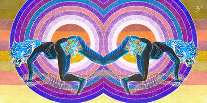 A colorful psychedelic art print featuring two mirrored blue-and-white tiger-like figures with black bodies, set against concentric rainbow-colored circular rings on a striped pastel background.