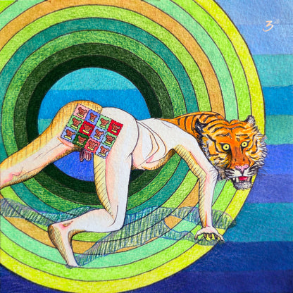 A colorful surreal artwork showing a nude human figure with a tiger head, posed in front of concentric green and yellow rings on a blue striped background.